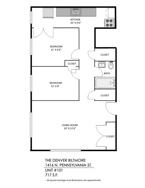 Floor plan for 2 beds, 1 bath, 717 sqft